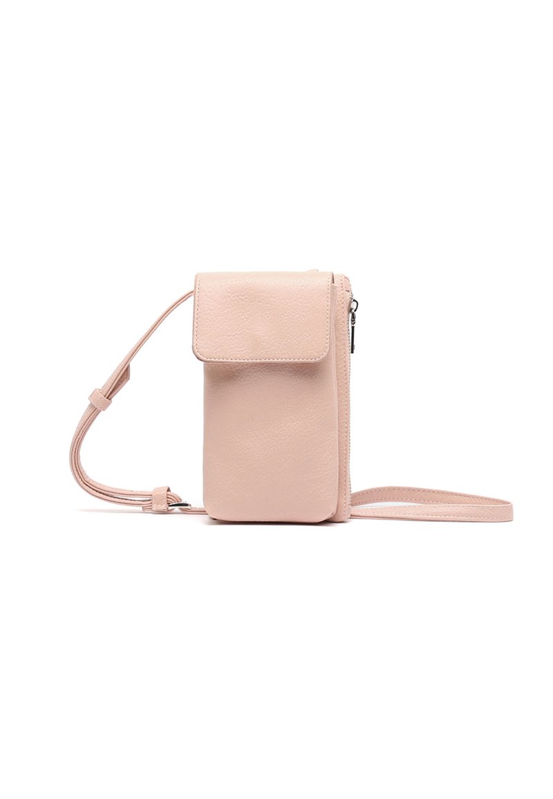 Borsa a tracolla rosa in pelle con superficie testurizzata, chiusura a patta, tasca con zip e tracolla regolabile. Forma rettangolare con bordi lisci.