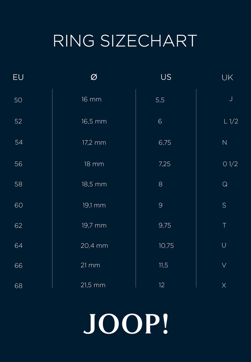 Ringgrößentabelle mit Spalten für EU-Größen (50-68), Durchmesser in mm, US-Größen (5.5-12), UK-Größen (J-X) auf dunklem Hintergrund. JOOP! Logo.