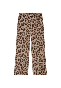 Leopardenmuster weit geschnittene Hosen mit weichem Material, die einen neutralen beigen Grundton und braune Flecken aufweisen, elastischer Bund für Komfort.