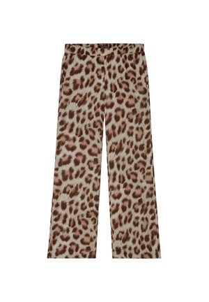 Leopard print wide-leg pants with a soft texture, featuring a neutral beige base and brown spots, elastic waistband for comfort.