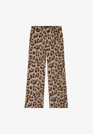 Leopard print wide-leg pants with a soft texture, featuring a neutral beige base and brown spots, elastic waistband for comfort.