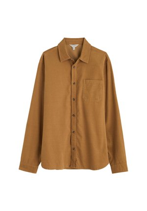 Hemd met lange mouwen in een warme bruine kleur. Gemaakt van zachte stof, heeft een klassieke kraag en een enkele borstzak.