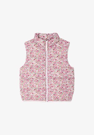 Ärmellose gepolsterte Weste mit pinken, roten und orangefarbenen Blumenmustern, Stehkragen und Frontreißverschluss auf weißem Hintergrund.