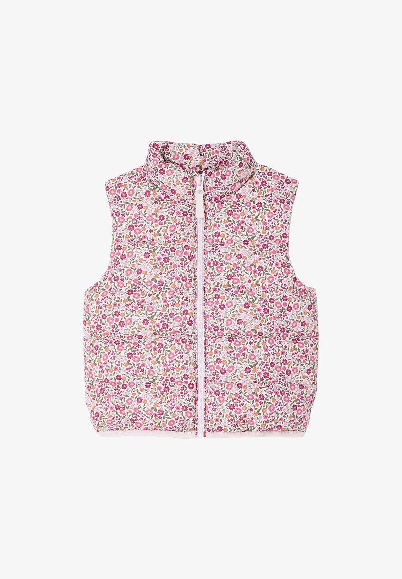 Ärmellose gepolsterte Weste mit pinken, roten und orangefarbenen Blumenmustern, Stehkragen und Frontreißverschluss auf weißem Hintergrund.