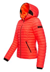 Red puffer jacket with a hood, featuring orange lining, horizontal quilted design, black zippers, and ribbed black cuffs.