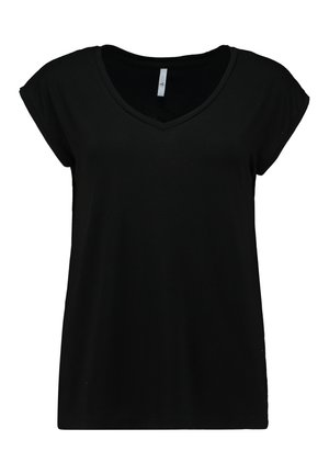 Schwarzes Kurzarm-Damen-T-Shirt mit V-Ausschnitt, schlichtem Design und regulärer Passform.
