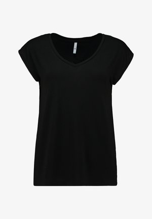 Black short-sleeve women's t-shirt with V-neck, plain design, and regular fit.