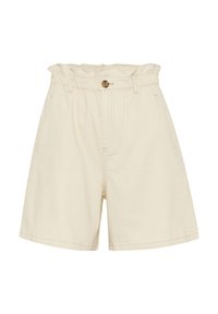 Shorts en denim couleur crème avec taille froncée, fermeture à un bouton, deux poches latérales et coupe décontractée.