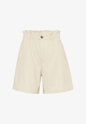 Denim kratke hlače v kremni barvi z nabranim pasom, zapiranjem na en gumb, dvema stranskima žepoma in sproščenim krojem.