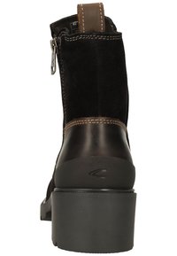 Black suede ankle boot with a brown leather accent on the heel, smooth rubber sole, and a side zipper for easy wear.