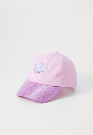 Pink cap with a glittery purple visor. Features a shell graphic and embroidered text on the front. Cotton material; casual design.