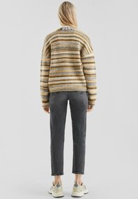 Strickpullover mit horizontalen Streifen in Beige, Gelb und Blau. Kombiniert mit dunkelgrauen, schmal geschnittenen Jeans und hellen Sneakern. Rückansicht.