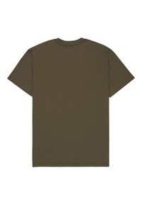 Βαμβακερό μπλούζα σε ελιά πράσινο, με στρογγυλή λαιμόκοψη, κοντά μανίκια και άνετη εφαρμογή. Απλό σχέδιο, χωρίς ορατά μοτίβα ή διακοσμήσεις.