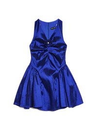 Blue satin dress with a fitted bodice, flared skirt, and a flower accent at the waist. Features a V-neck and a back zipper closure.