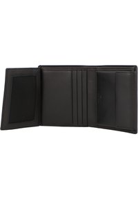 Black leather wallet with a smooth texture; features multiple card slots, a mesh ID window, and a compartment for cash.
