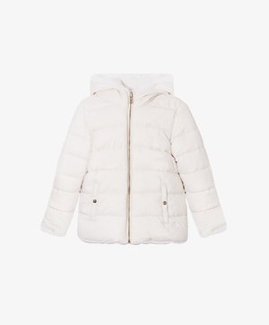 Chaqueta blanca acolchada con cierre frontal de cremallera, capucha y dos bolsillos laterales. Presenta un текстura acolchada y un forro en contraste. Material suave y cálido.