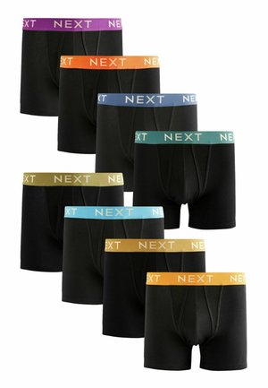 Schwarze Boxershorts mit elastischen Taillenbändern in Lila, Orange, Blau, Grün und Gelb, auf denen jeweils das "NEXT"-Logo zu sehen ist.