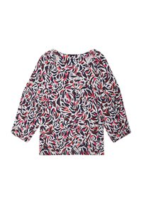Blusa a righe floreali con una combinazione di colori blu navy, bianco e rosso. Vestibilità comoda con maniche a tre quarti e polsini elasticizzati.