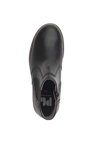 Zwarte leren enkellaars met een gladde afwerking, elastische zijkanten en een gevoerde binnenzool. Rondneus en stevige zool. Minimalistisch ontwerp.