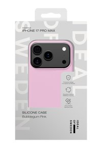 Silikontelefondeksel for iPhone 17 Pro Max i bubblegumrosa, med et beskyttende design, svart kamerautskjæring og laget av resirkulerte materialer.