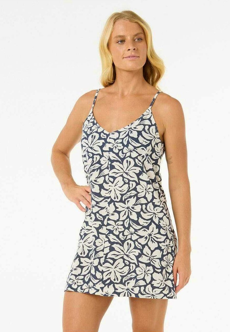 Blumendruckkleid in Marineblau und Creme. Mit dünnen Trägern, einem V-Ausschnitt und einer lockeren Passform, die bis zur Mitte des Oberschenkels reicht und eine glatte Textur zeigt.