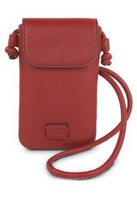 Bolsito cruzado de cuero rojo para el teléfono, con cierre de solapa, acabado texturizado, correa ajustable y un pequeño parche con logo en la parte frontal.