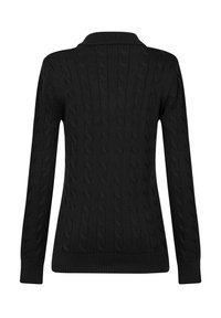 Schwarzer Strickpullover mit Kabelmuster, langen Ärmeln und kragenförmigem Halsauschnitt. Der Stoff hat eine strukturierte Webart und einen gerippten Saum.
