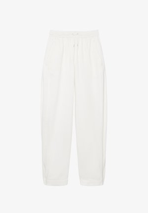 Pantalones con cintura elástica blanca, cordón, bolsillos laterales y piernas rectas, mostrados sobre un fondo blanco.