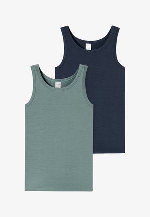 Two sleeveless tank tops are displayed. One is light green, and the other is dark navy. Both are made of smooth fabric with a rounded neckline.