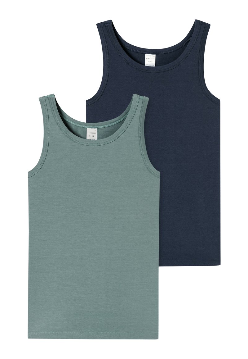 Two sleeveless tank tops are displayed. One is light green, and the other is dark navy. Both are made of smooth fabric with a rounded neckline.