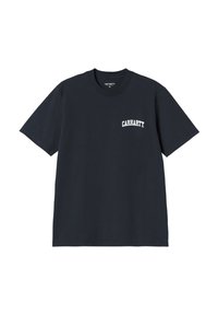 Granatowa bawełniana koszulka z okrągłym dekoltem i krótkimi rękawami, zdobiona białym logo "Carhartt" na lewej piersi.