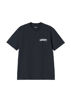 T-shirt in cotone blu navy con scollo rotondo e maniche corte, arricchita da un logo bianco "Carhartt" sul lato sinistro del petto.