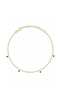 Collana in oro con quattro piccoli gemme colorate: rosso, verde, blu e viola. Presenta una chiusura a moschettone e lunghezza regolabile.