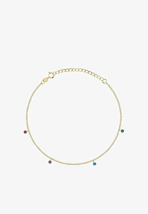 Gouden ketting met vier kleine, gekleurde edelstenen: rood, groen, blauw en paars. Voorzien van een kreeftsluiting en verstelbare lengte.