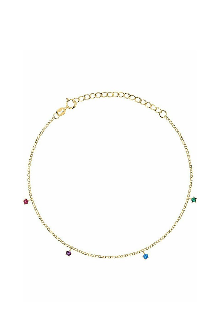 Collana in oro con quattro piccoli gemme colorate: rosso, verde, blu e viola. Presenta una chiusura a moschettone e lunghezza regolabile.