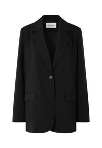 Blazer nero in tessuto con colletto a revers, chiusura con un solo bottone e due tasche frontali. Vestibilità sartoriale con una texture liscia.