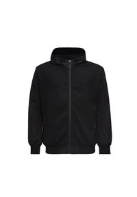 Schwarze Kapuzenjacke mit einem Reißverschluss vorne, mit einem strukturierten Oberkörper und glatten Ärmeln; elastische Bündchen und Saum; seitliche Taschen.