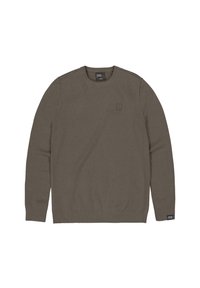 Khakifarbenes Sweatshirt mit Rundhalsausschnitt, langen Ärmeln und gerippten Manschetten. Verfügt über ein dezentes Logo-Patch auf der Brust und eine strukturierte Stoffoberfläche.
