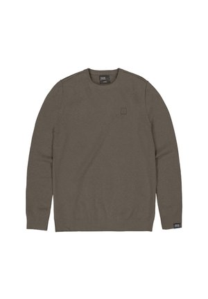 Khakifarbenes Sweatshirt mit Rundhalsausschnitt, langen Ärmeln und gerippten Manschetten. Verfügt über ein dezentes Logo-Patch auf der Brust und eine strukturierte Stoffoberfläche.