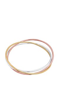 Tre braccialetti intrecciati in metallo oro, argento e oro rosa. Ciascun braccialetto è elegante, liscio e di forma circolare con una finitura lucida.