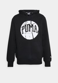 Czarna bluza Puma z białą grafiką koszykówki i napisem "PUMA Basketball 1973", kieszeń z przodu, kaptur z sznurkiem oraz małe logo na lewym rękawie.