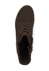 Brown suede ankle boot with a rounded toe, lace-up design, soft texture, and a side zipper for easy access.