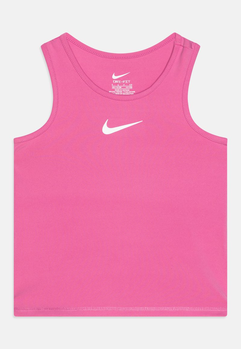 Débardeur rose Nike, design sans manches, fabriqué en tissu lisse et léger avec un logo blanc sur le devant. Présente un col rond.