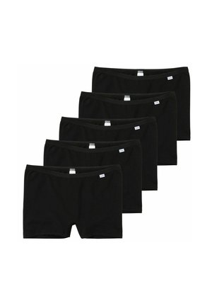 Schwarze Baumwoll-Boxershorts im Fünferpack. Jede Paar hat ein einfaches Design mit elastischem Bund und einem Etikett innen. Glatte Textur.