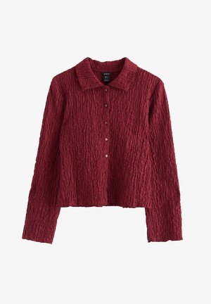 Camicia a maniche lunghe, stropicciata, di un rosso profondo, con colletto, chiusura frontale a bottoni e tessuto testurizzato. Lunghezza cropped con orlo dritto.