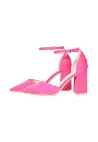Scarpe col tacco alto rosa con punta affusolata e cinturino alla caviglia. Presentano una finitura opaca liscia e un tacco quadrato per maggiore stabilità.