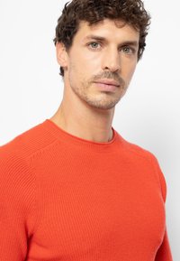 Punainen ribbikudottu neulepaita, jossa on pyöreä pääntie, teksturoitu kangas ja tiukasti istuva malli. Paidassa on huomaamattomat olkaydetaalit ja sileä viimeistely.