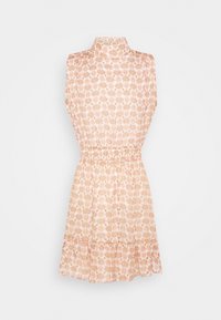 Robe rose clair à motifs floraux avec un col montant, une taille cintrée et un ourlet évasé. Fabriquée en tissu doux avec une finition légèrement texturée.