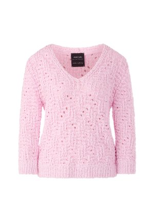 Pink V-neck sweater with textured fabric, featuring a loose weave and subtle pattern. Long sleeves and ribbed hem detail complete the design.