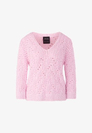 Pink V-neck sweater with textured fabric, featuring a loose weave and subtle pattern. Long sleeves and ribbed hem detail complete the design.